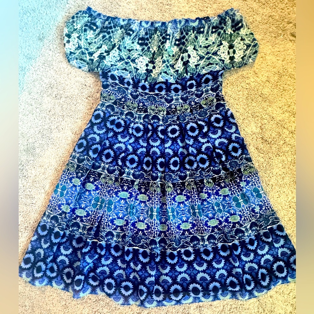 Blue Patterned Off-Shoulder Dress green navy beach summer ruffle 6 Eliza J